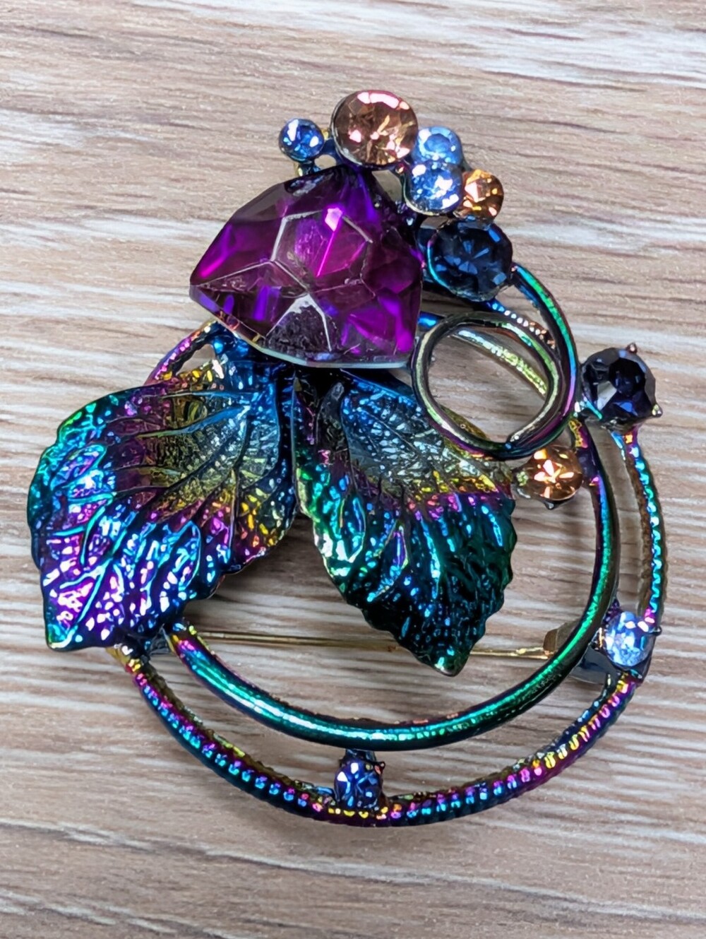 Multicolor Iridescent Leaf Crystal Brooch Or Pendant